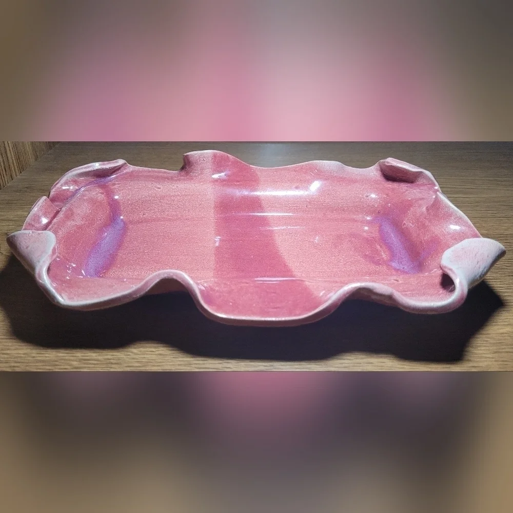 Handmade Pottery Wavy Ruffle Edge Tray In Shades Of Pink ~Serving, Vanity, Plant